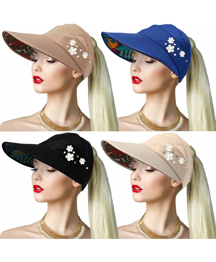 4 Pieces Women Sun Visor Hats Wide Brim Summer Beach Caps UV Protection Packable Visor Hats Floppy Adjustable Ponytail Hats at  Women’s Clothing store