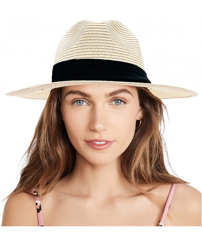 accsa Women Classic Wide Brim Sun Hat Summer Straw Hat for Beach Travel Black Band Panama Hat UPF 50+ Foldable White