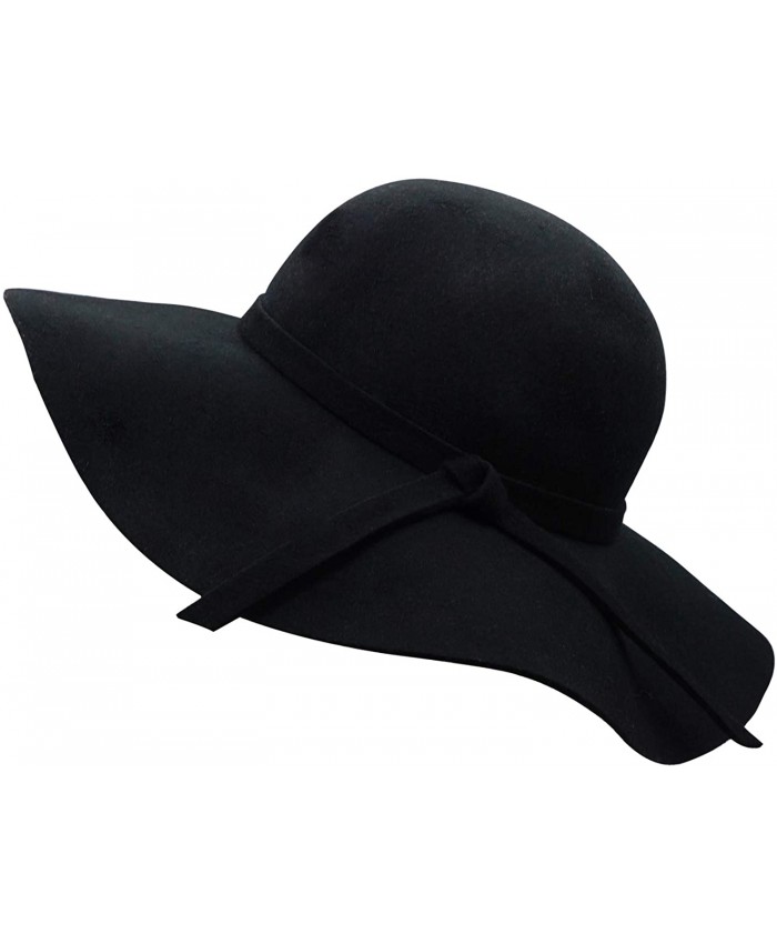 Bienvenu Women's Wide Brim Wool Ribbon Band Floppy Hat Black at  Women’s Clothing store