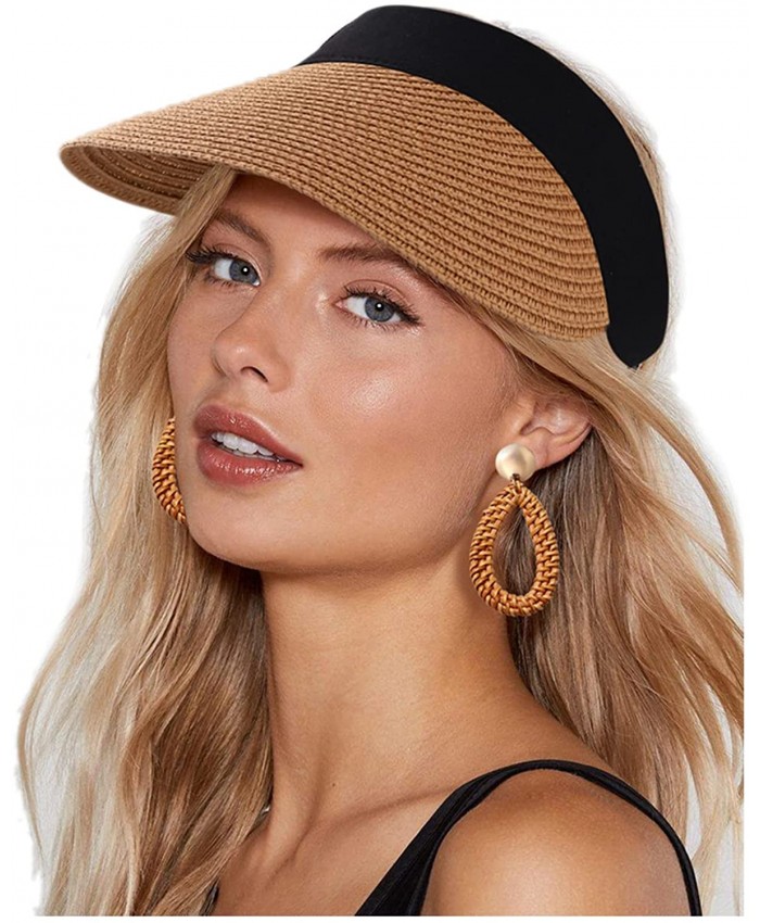 boderier Beach Hats for Women Wide Brim Straw Summer Outdoor Sport Sun Visor Hats Beach Accessories for Women Khaki-Black at  Women’s Clothing store