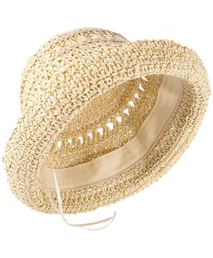 boderier Women's Raffia Straw Bucket Sun Hat Packable Hand-Woven Floppy Brim Summer Hat Beach Accessories Beige at  Women’s Clothing store