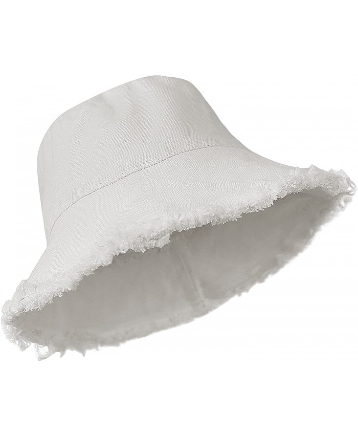 Eohak Distressed Bucket-Hat Cotton-Washed Women Summer Wide-Brim White at Women’s Clothing store
