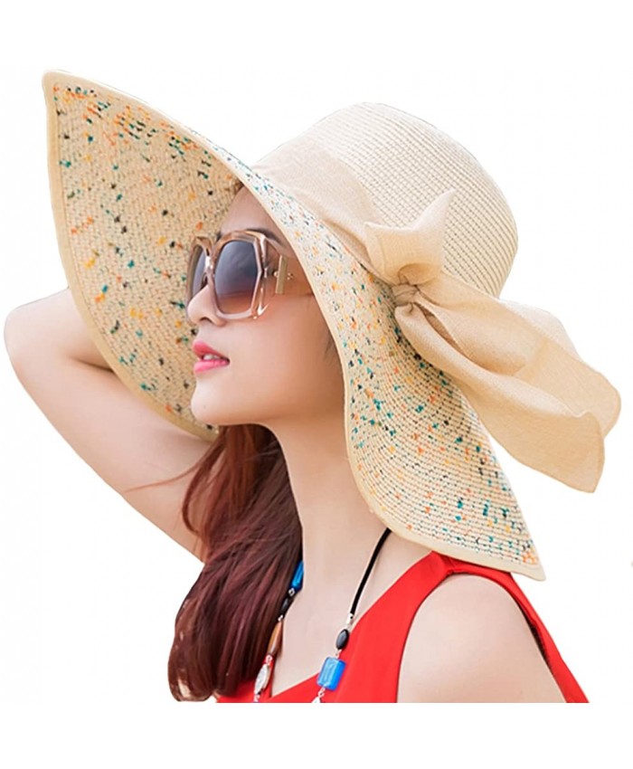 Itopfox Womens Folable Floppy Hat Big Bowknot Straw Hat Wide Brim Beach 50+ UPF Sun Hat Beige One Size22Inch-22.8Inch Circumference at  Women’s Clothing store