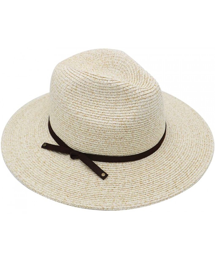 Krono Krown Women's Panama Fedora Wide Brim Summer Beach Sun Hat w Suede Knot - Paper Braid Adjustable UPF 50+ Ivory Heather at Women’s Clothing store