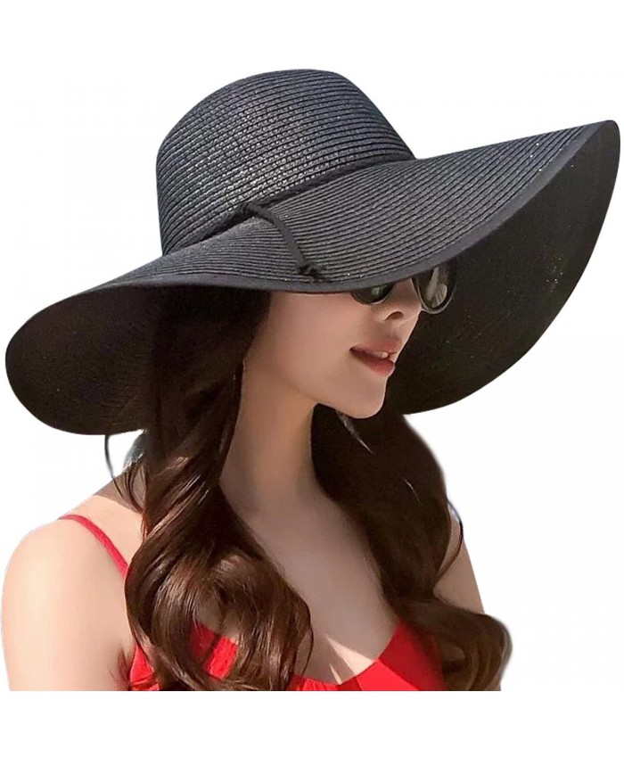 Lanzom Womens Wide Brim Straw Hat Big Floppy Foldable Roll up Cap Beach Sun Hat UPF 50+ Style B-Black at  Women’s Clothing store