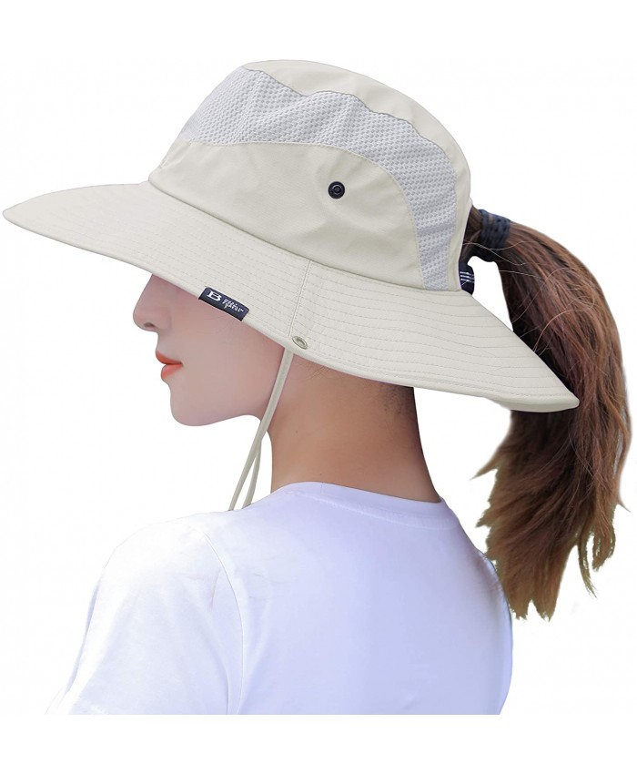 Mukeyo Womens Ponytail Sun Hat Summer Foldable Wide Brim Outdoor UV Protection Mesh Bucket Cap for Beach Fishing Hiking Gardening Beige