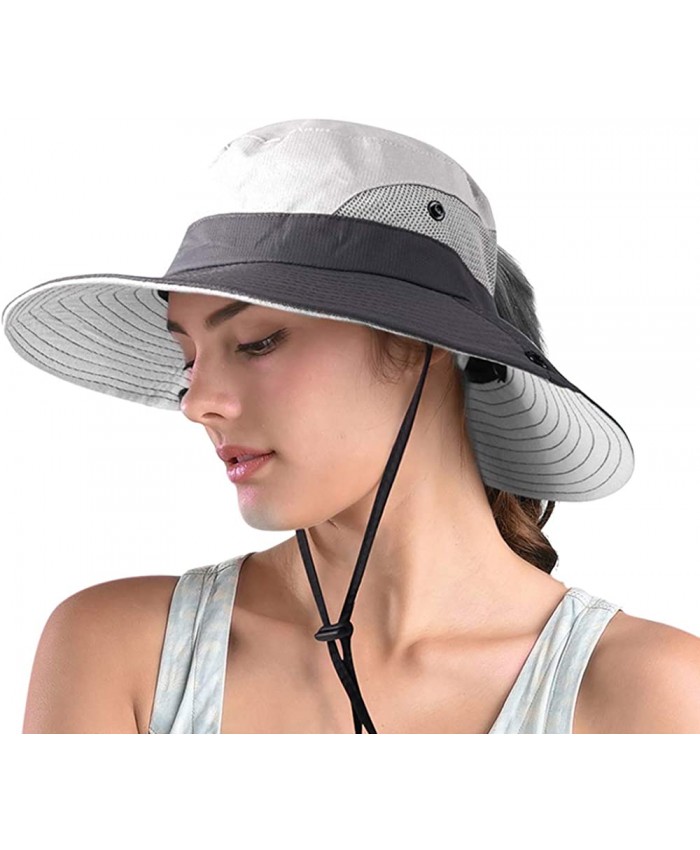 Ponytail Sun Hats for Women Wide Brim Summer Safari Beach Hat Outdoor UV Protection Bucket Fishing Hat Gray at  Women’s Clothing store
