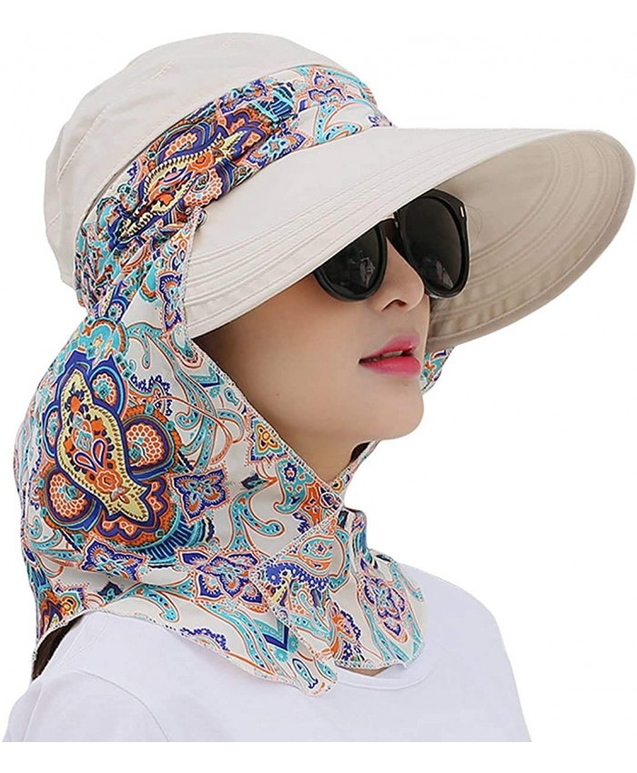 Roll Up Wide Brim Sun Visor UPF 50+ UV Protection Sun Hat with Neck Protector Beige at Women’s Clothing store