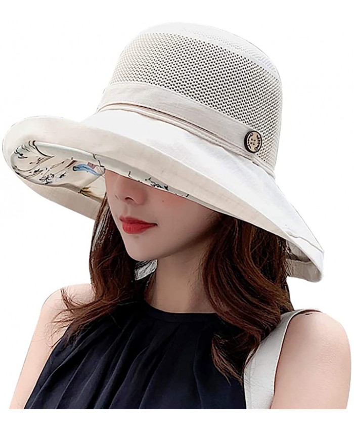Summer Mesh Sun Hats for Women Lightweight Beach Hat Floral UPF50+ Packable Wide Brim Bucket Hat with Chin Strap Beige