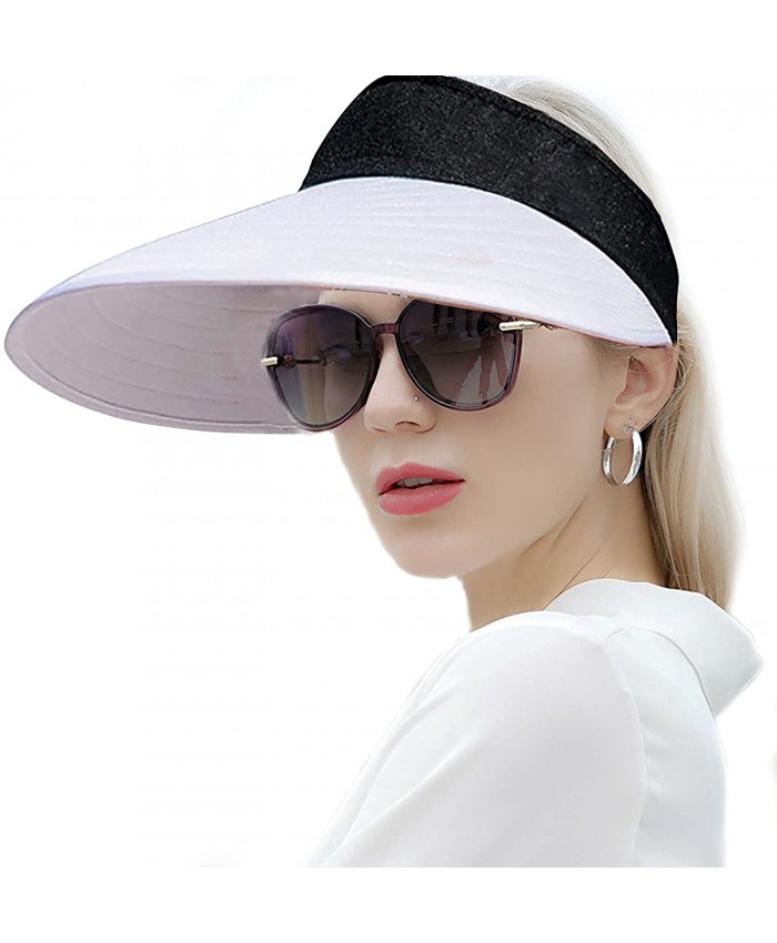 Sun Hats for Women - Large Brim Summer Beach Hat UV Protection - Outdoor Cap Visor Lightweight & Adjustable White Black at Women’s Clothing store