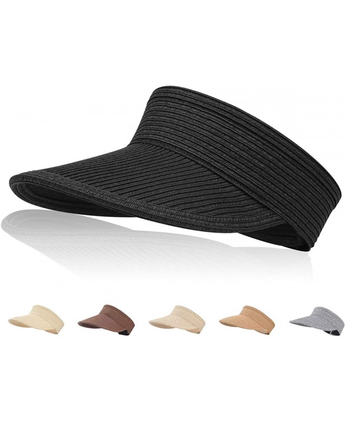 Sun Visor Hats Women Wide Brim Summer UV Protection Beach Cap Straw Hat Roll-up Foldable Sun Hats for Outdoors Black at  Women’s Clothing store