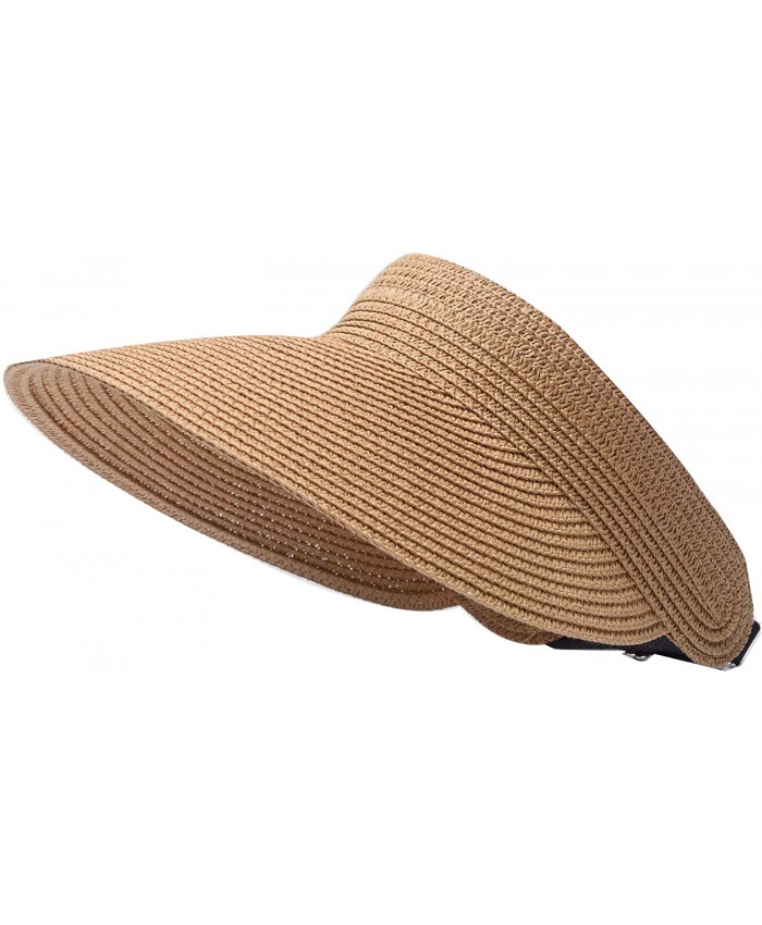 Women Straw Sun Visor Hat UPF50+ UV Protective Beach Hat Wide Brim Roll-up Foldable Cap Khaki at  Women’s Clothing store