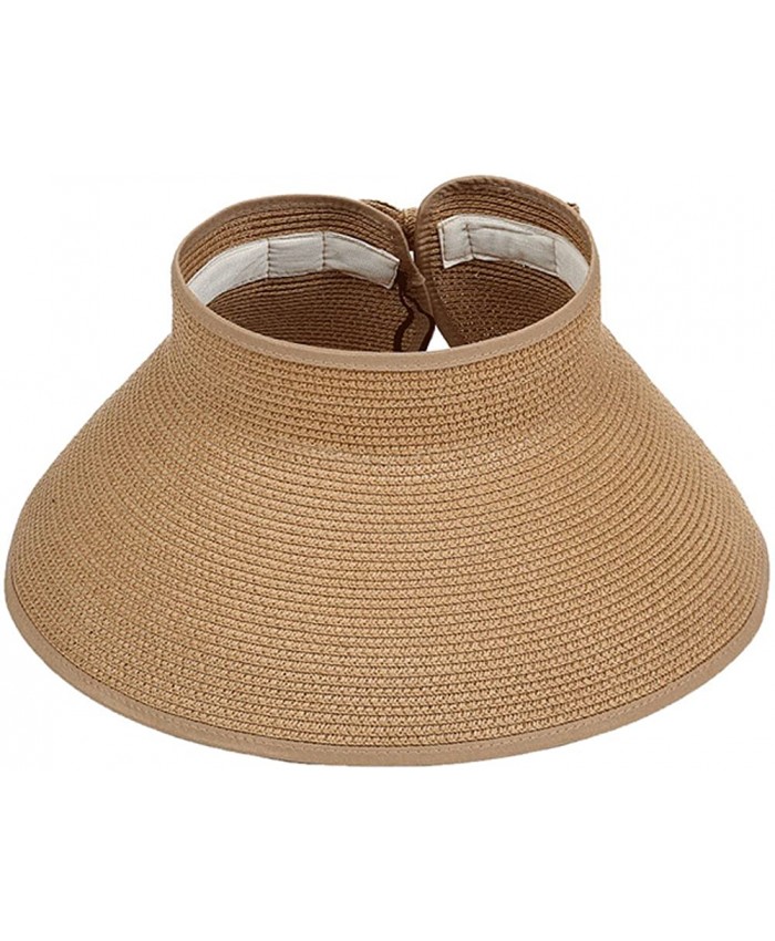 Women Sun Visor Hats Summer Roll Up Packable Wide Brim Straw Hat Light Coffee