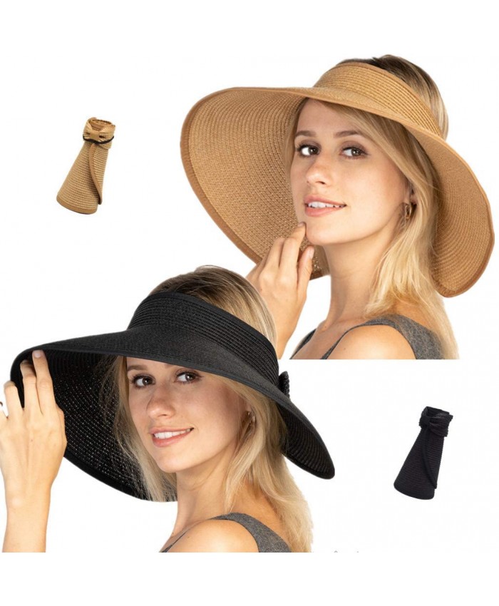 Women Sun Visors Foldable Straw Hats Summer Beach Packable Hat Floppy Wide Brim Cap Big Heads Sombrero Black+Khaki at  Women’s Clothing store