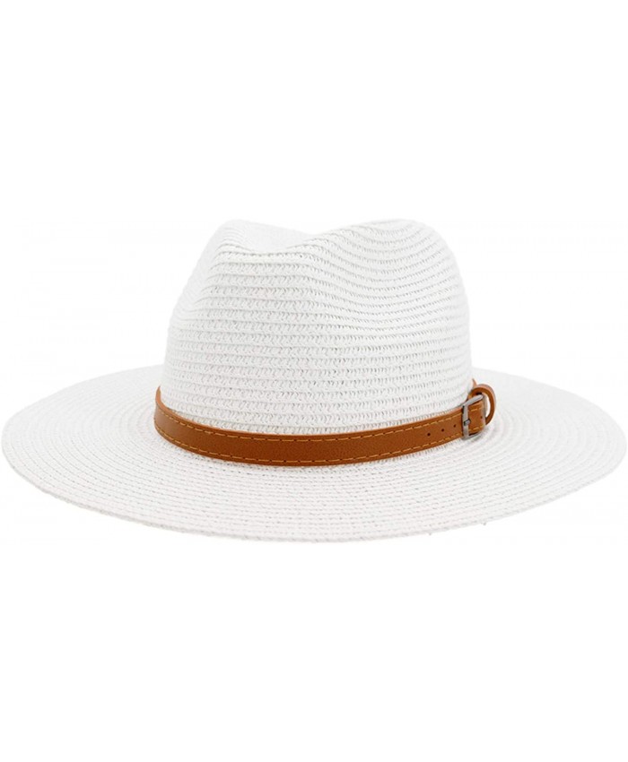 Women Wide Brim Straw Panama Belt Buckle Hat Fedora Beach Sun Hat Fine Braid UPF50+ for Both Women Men White at  Women’s Clothing store