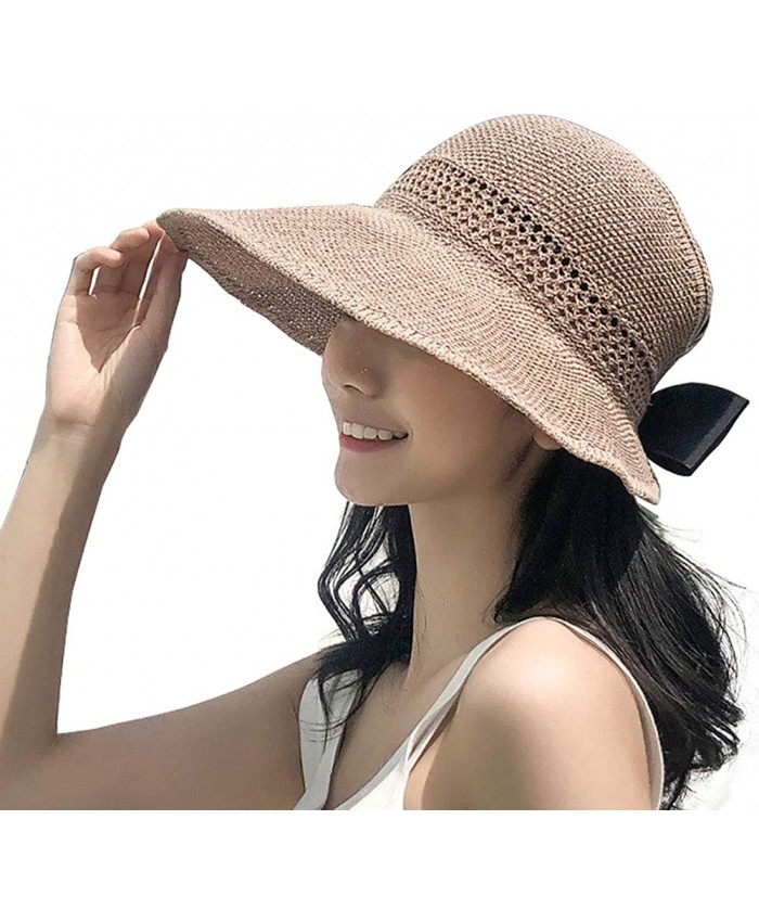 Womens Floppy Summer Sun Beach Straw Hat UPF50 Foldable Wide Brim Bow Visor Hat Khaki OneSize at  Women’s Clothing store