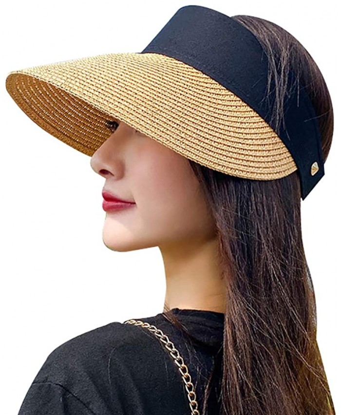 Women's Sun Visor Beach Hat Ponytail Wide Brim Summer UPF 50 Packable Straw Sun Hat Khaki