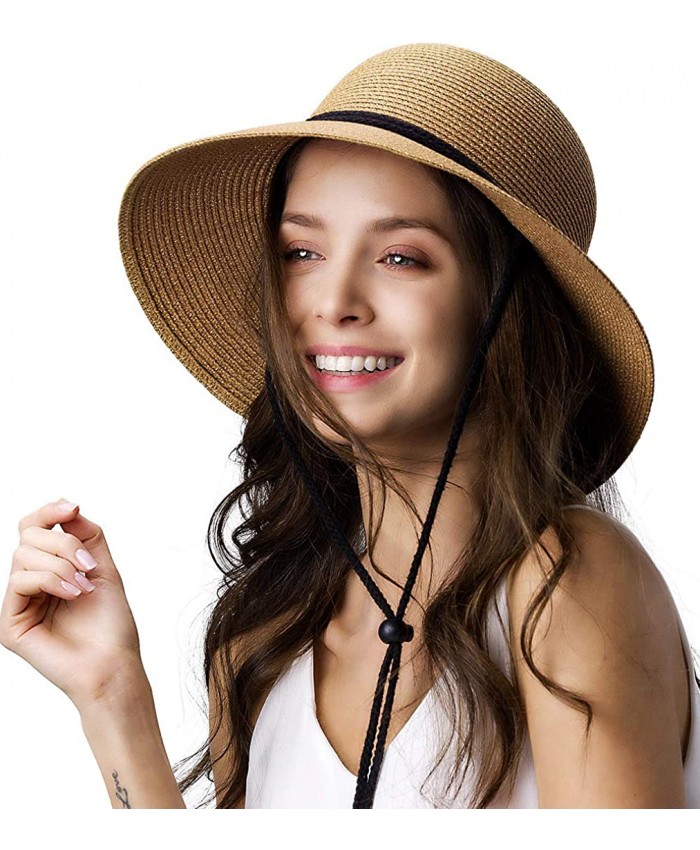 Womens Wide Brim Sun Hat with Wind Lanyard UPF Summer Straw Sun Hats for Women at  Women’s Clothing store