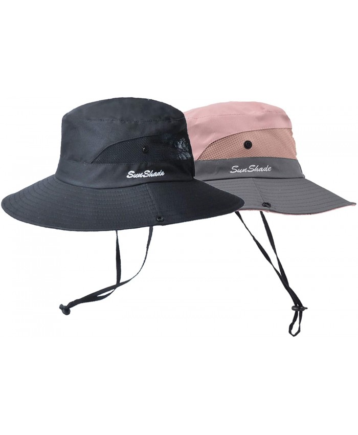 Womens Wide-Brim UV-Protection Sun-Hat with Ponytail Hole Pink+Black 2pcs Medium at  Women’s Clothing store