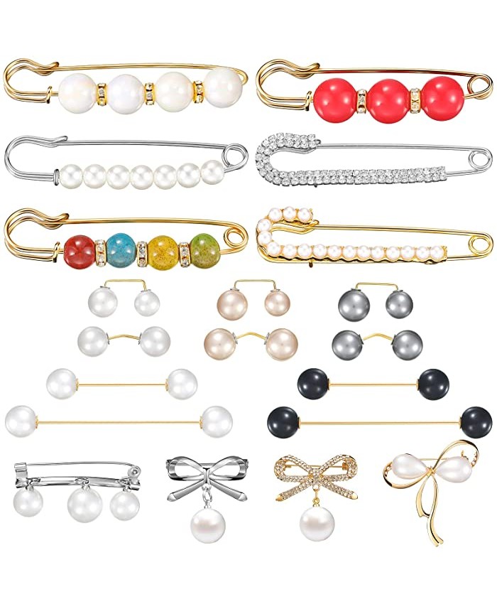 20 Pieces Faux Pearl Brooch Pins Sweater Shawl Clips Set Wedding Decoration Shawl Collar Shirt Pin Buttons Sweater Brooches for Women Girls 20 Designs
