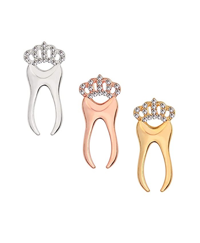 3-Set of Metal Silver Golden and Rose Golden Crown Tooth Brooch White Coat Pin Gift for Dentist Hygienist