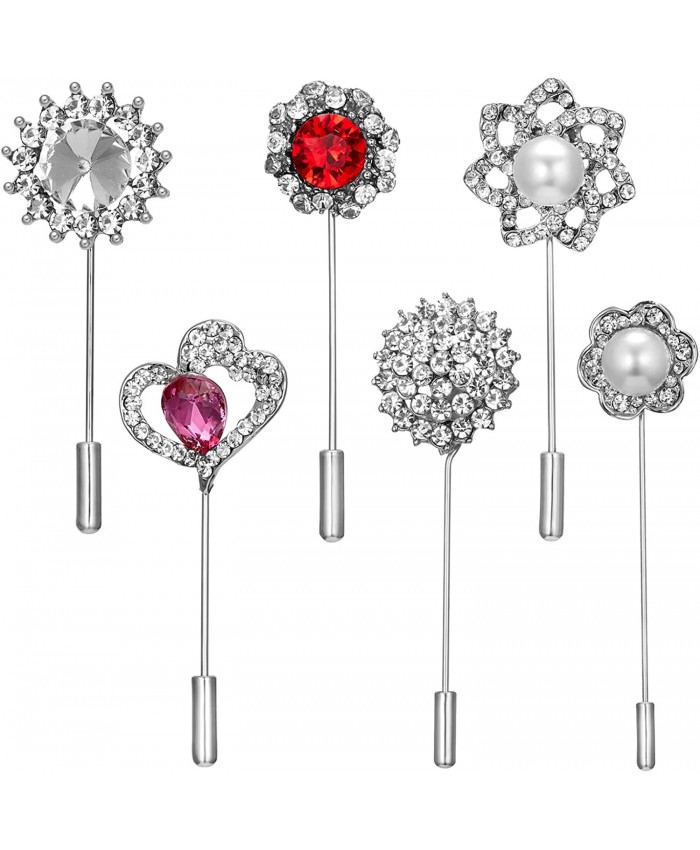 6pcs Lapel Pins Flower Pearl Brooches Crystal Boutonniere Clips For Women Girls 6Pcs Silver Pins