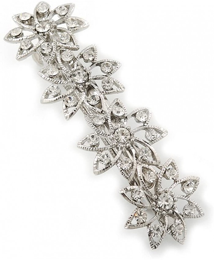 Avalaya Bridal Wedding Prom Silver Tone Crystal Diamante 'Flower' Barrette Hair Clip Grip - 85mm Across Brooches And Pins