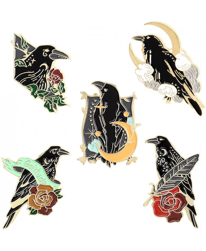 Crow Enamel Pins Set Punk Badge Custom Bird Feather Moon Flowers Horror Dark Brooches Art Set for Jacket Backpack Hat Halloween Accessories
