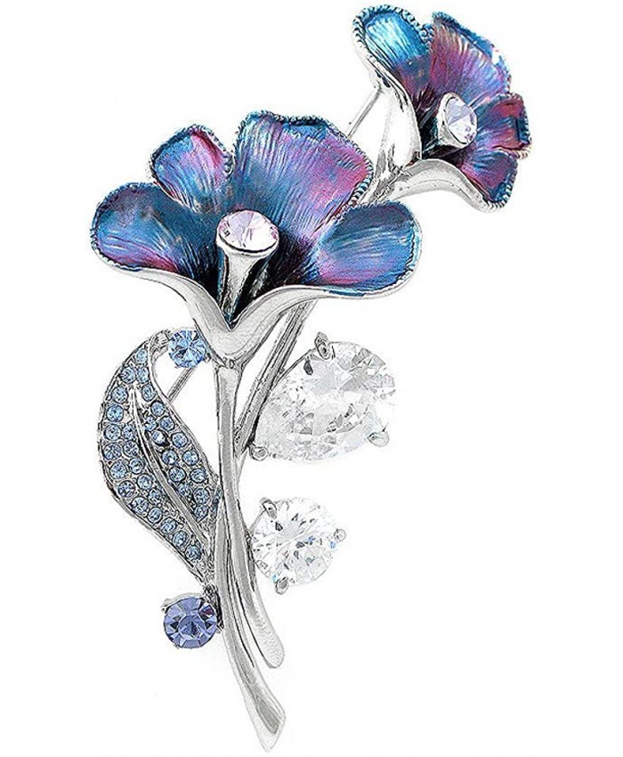 Glamorousky Purplish Blue Flower Brooch with Blue Purple Austrian Element Crystals and Silver CZ Brooches And Pins