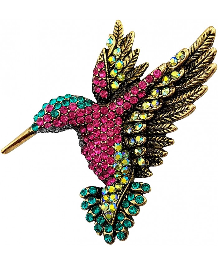 SELOVO Antique Gold Tone Bird Hummingbird Multi Color Austrian Crystal Pin Brooch