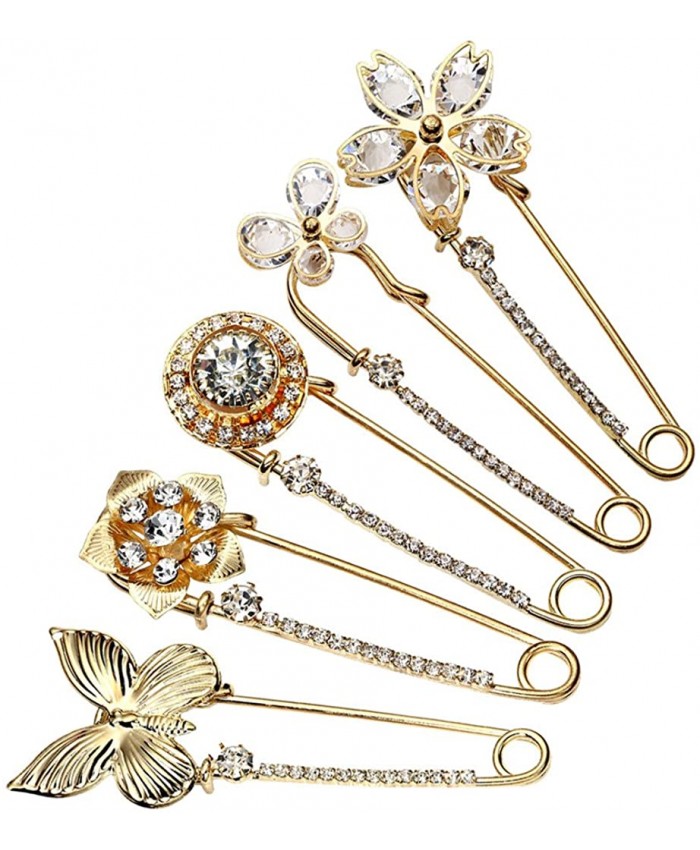 Top Plaza Mothers Day Gift Pack of 5 Women Fashion Rhinstone Crystal Accented Golden Safety Pin Jewelry Brooch Breastpin - Catch Scarf Lapel or Collar#2
