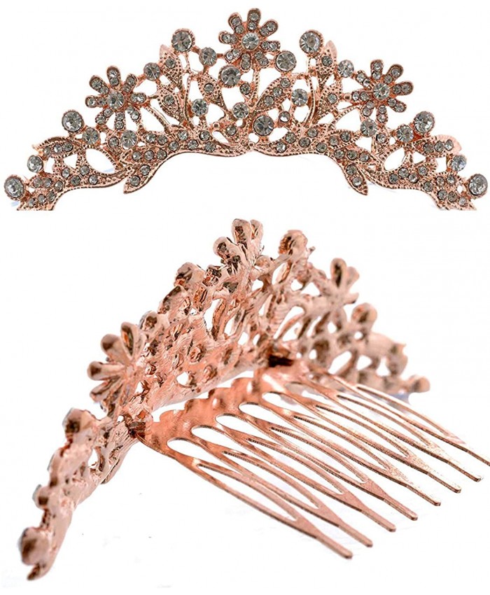 Topwholesalejewel Mini Tiara Princess Rhinestone Crown Hair Comb Rose Gold Plating