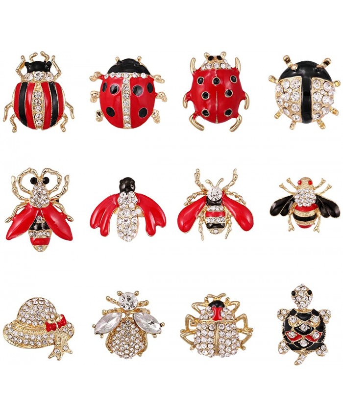 WeimanJewelry Lot 12pcs Enamel Crystal Rhinestone Animal Honeybee Beetle Turtle Insect Brooch Pin Set for Women DIY Decoration