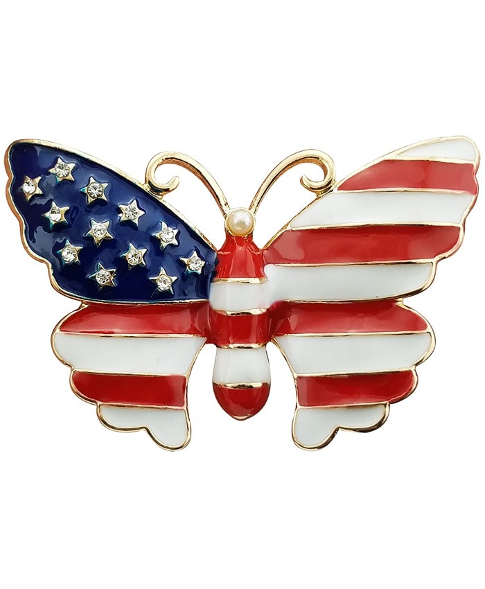 YOQUCOL Simulated Pearl Gold Tone United States American Flag Enamel Butterfly Brooch Pin