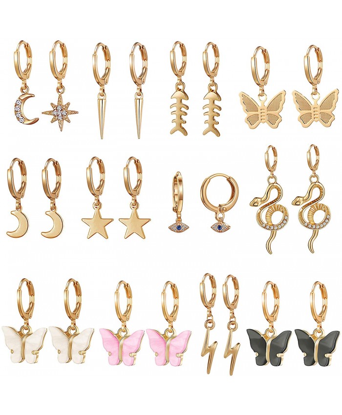 12 Pairs Gold Butterfly Earrings for Women Dangle - Butterfly Dangle Earrings for Women - Gold Hoop Earrings with Charm- Spike Hoop Earrings Set for Teen Girls - Cute Earrings for Women and Girls