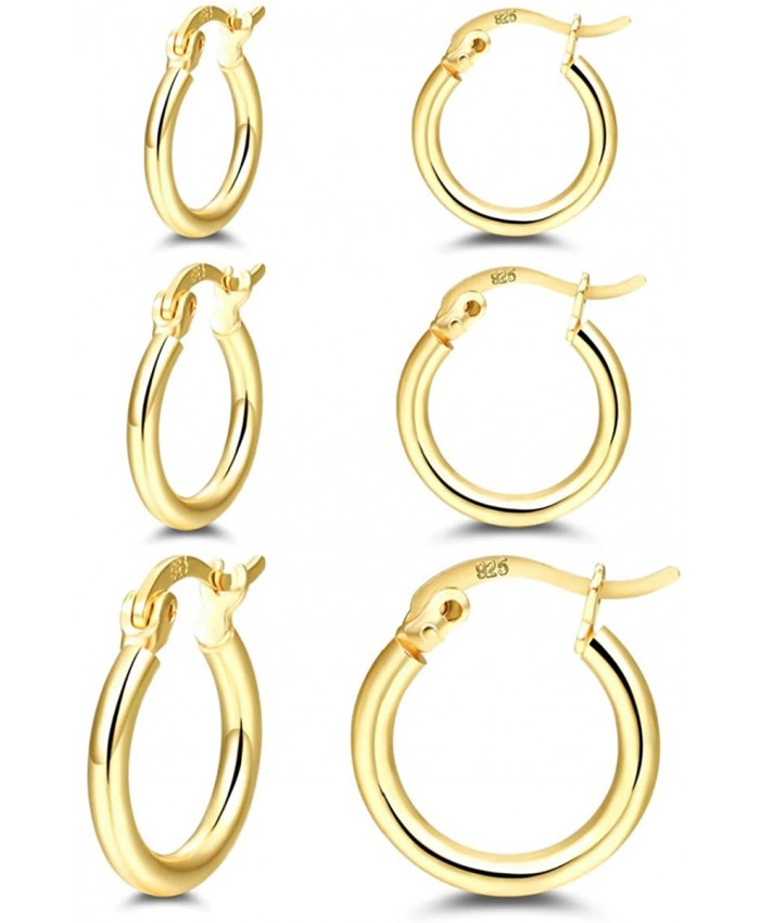 14K Gold Plated Hoop Earrings - 3 Pairs Sterling Silver Post Small Hoops| Gold Hoop Earrings Sets for Women Girls 13mm 15mm 20mm