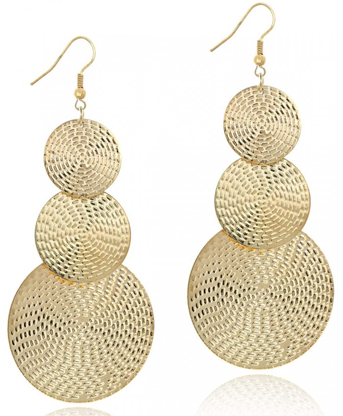 14K Gold Round Disc Triple Earrings Dangle Drop Filigree Carved Earring for Women Girls
