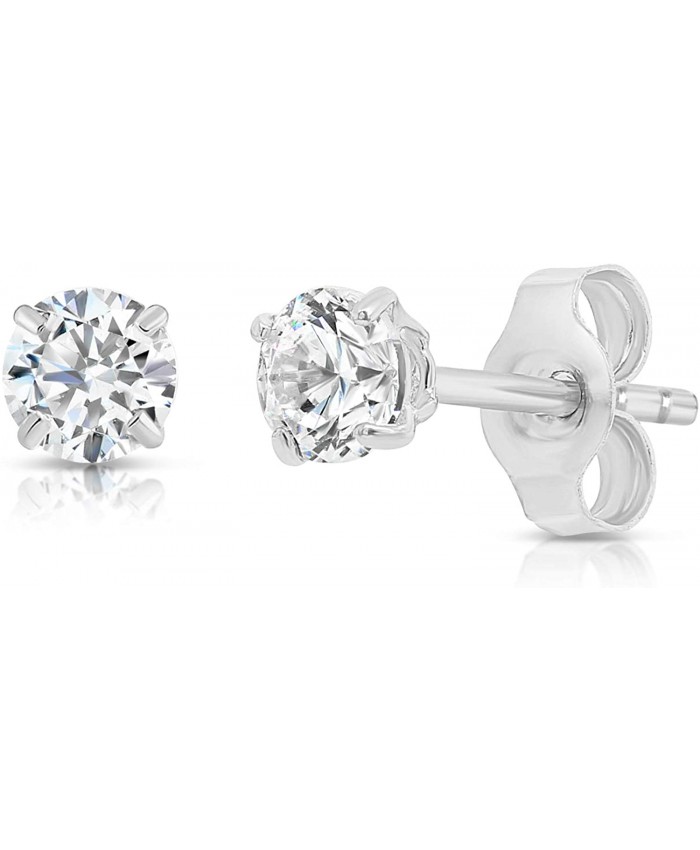 14k White Gold Solitaire Round Cubic Zirconia Stud Earrings with Gold butterfly Pushbacks 4mm