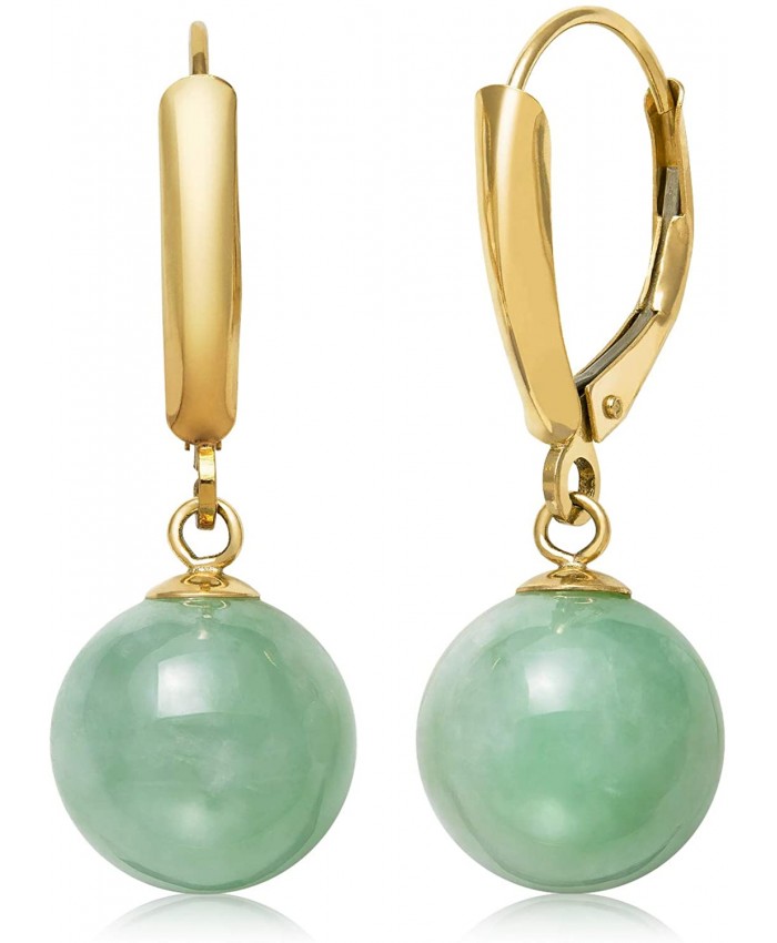 14k Yellow Gold Natural Green Jade Drop Dangle Leverback Earrings