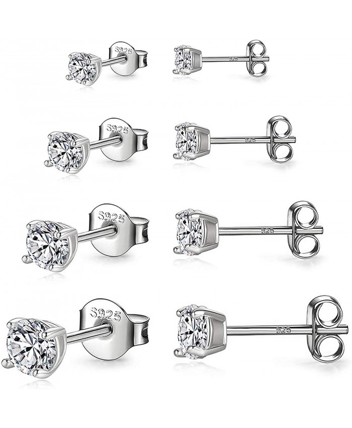 925 Sterling Silver Stud earrings Set | White Gold Plated Hypoallergenic Stud Earrings | Cubic Zirconia Stud Earrings for Women Girls 3mm，4mm，5mm，6mm