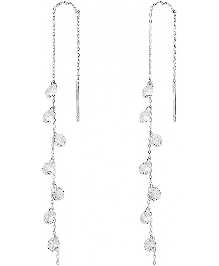 925 Sterling Silver Tassel Drop Earrings Long CZ Droplet Dangle Threader Earrings for Women