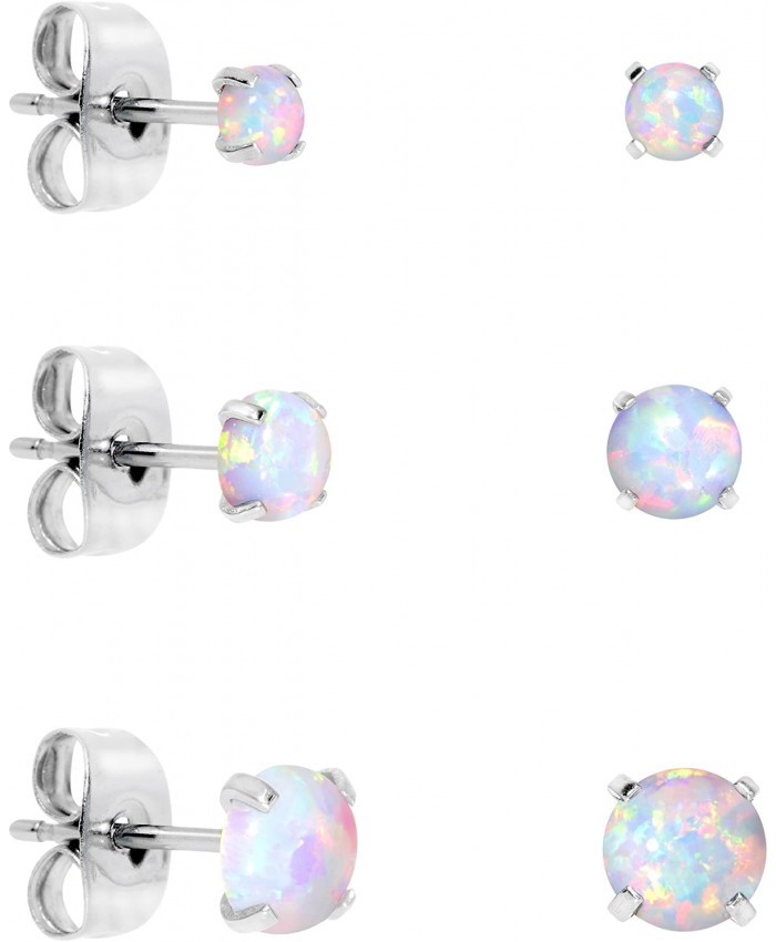 Body Candy Stainless Steel White Synthetic Opal Post Stud Earring Pack of 3