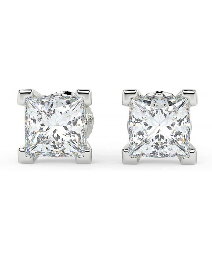 Certified 1.0 Cttw Near Colorless Square Princess Cut Lab Created Diamond Classic Square Four-Prong Stud Earrings G-H Color VS1-VS2 Clarity - 14K White Gold