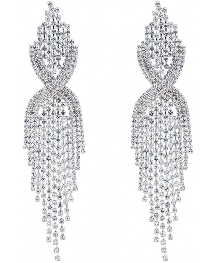 CHRAN Silver Rhinestone Long Tassels Dangle Chandelier Earrings Jewelry Size 3.5