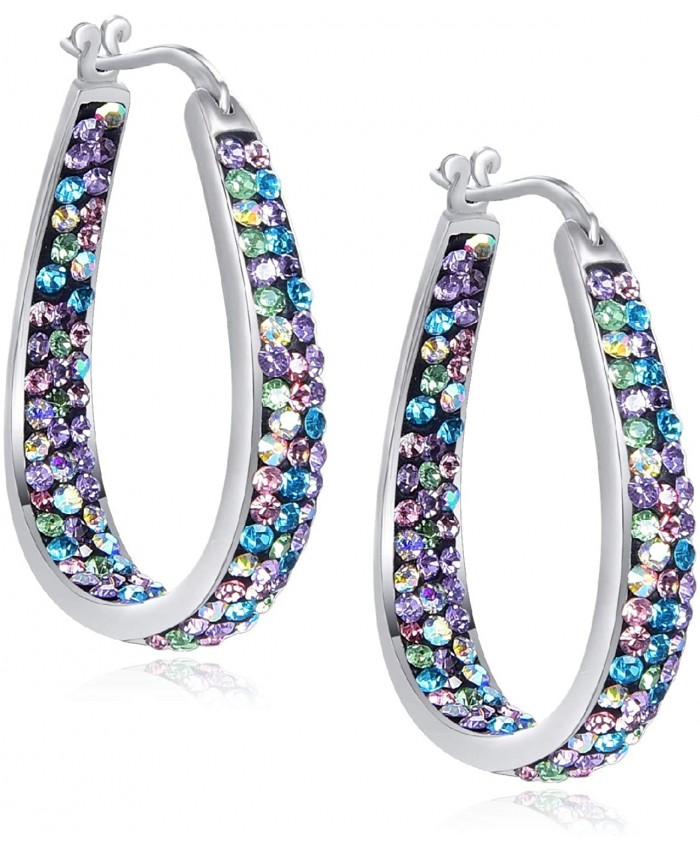 Crystal Hoop Earrings - Silver Plated Inside Out Oval Shape Hoop Multiple Color Earrings for Women 1.2 Inch