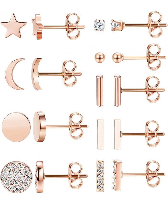 FIBO STEEL 9 Pairs Stainless Steel Star Moon Stud Earrings for Women Cute Bar CZ Stud Earring Set Rose Gold