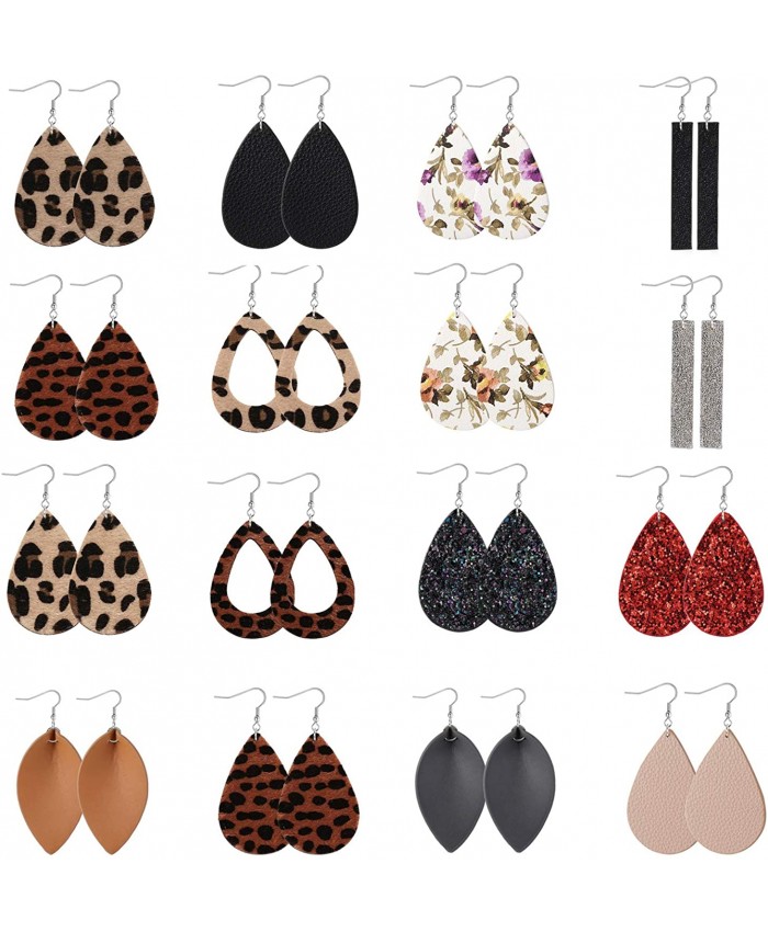 Finrezio 16 Pairs Teardrop Leather Earrings Lightweight Dangle Earrings Leaf Leopard Print Earrings Set for Women A16pairs