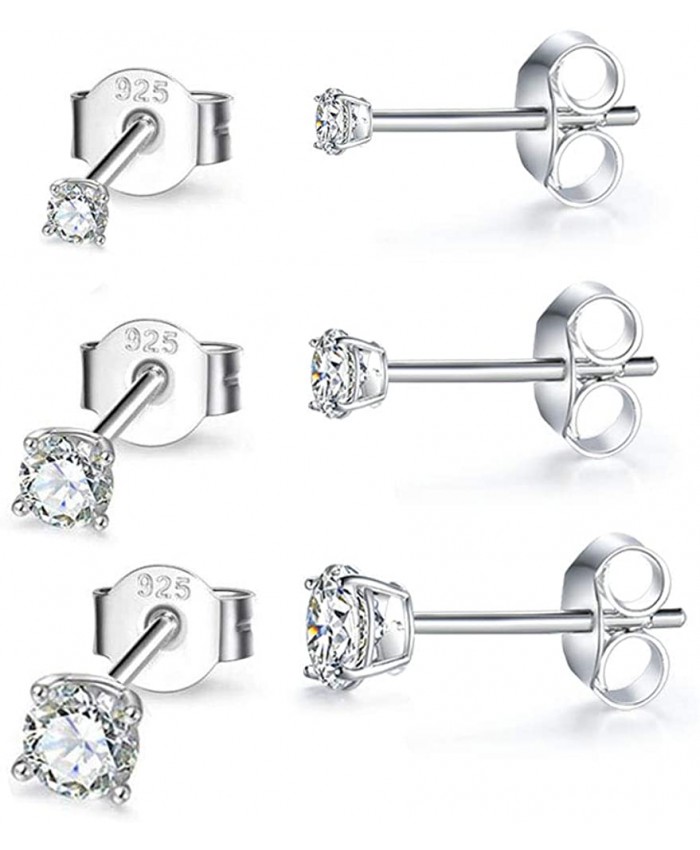 Hypoallergenic Sterling Silver Cubic Zirconia CZ Stud Earrings Set for Womens Mens Girls 3 Pairs Small Round Simulated Diamond Studs for Cartilage Tragus Multi Piercing Ears 2mm 3mm 4mm