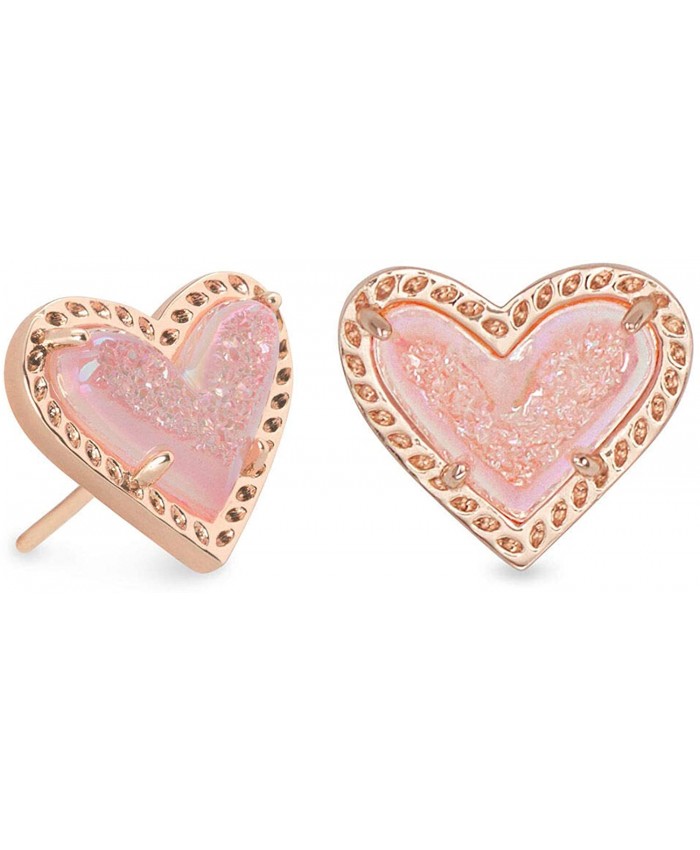 Kendra Scott Ari Heart Stud Earrings for Women Fashion Jewelry 14k Rose Gold-Plated Pink Drusy