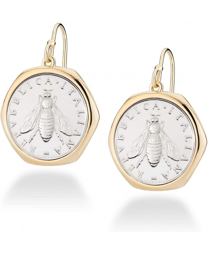 Miabella 18K Gold over Sterling Silver Italian Genuine 2-Lira Bee Coin Retro Dangle Drop Earrings for Women 925 Made in Italy